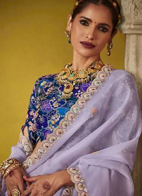 Light lavender pure based fancy fabric embroidery saree 4