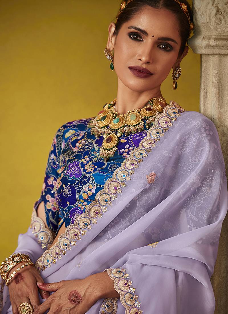 Light lavender pure based fancy fabric embroidery saree