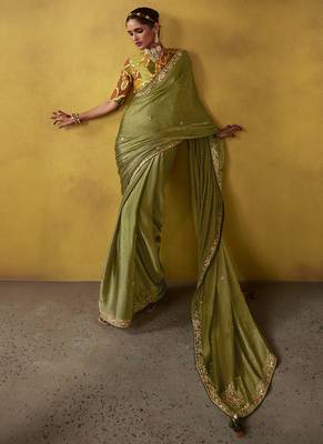 Olive pure based fancy fabric embroidery saree 2