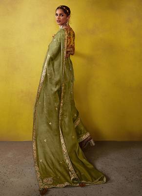 Olive pure based fancy fabric embroidery saree 3