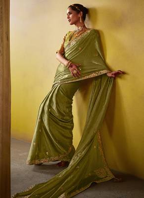 Olive pure based fancy fabric embroidery saree 4