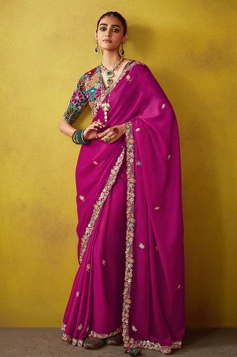 Magenta pure based fancy fabric embroidery saree