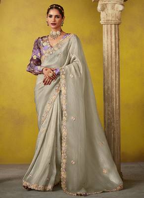 Grey pure based fancy fabric embroidery saree 1