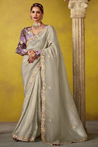 Grey pure based fancy fabric embroidery saree