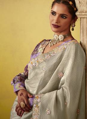 Grey pure based fancy fabric embroidery saree 2
