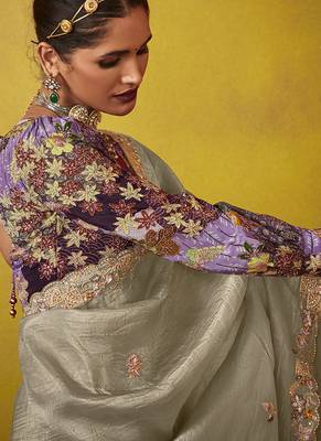 Grey pure based fancy fabric embroidery saree 3