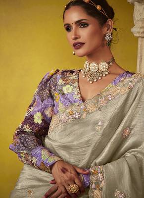 Grey pure based fancy fabric embroidery saree 4