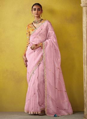 Baby pink pure based fancy fabric embroidery saree 1