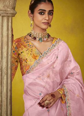 Baby pink pure based fancy fabric embroidery saree 2