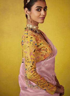 Baby pink pure based fancy fabric embroidery saree 3