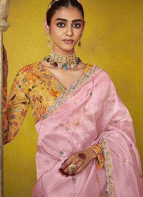 Baby pink pure based fancy fabric embroidery saree 4
