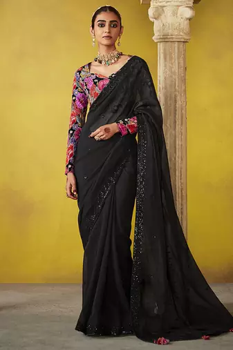 Black pure based fancy fabric embroidery saree