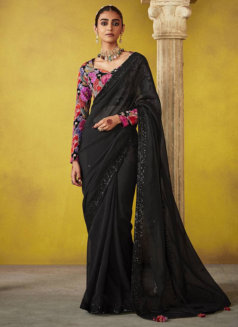 Black pure based fancy fabric embroidery saree