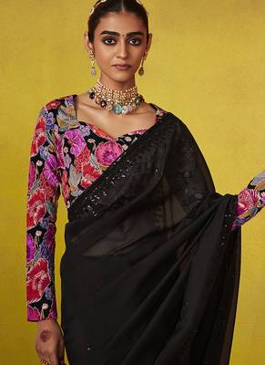 Black pure based fancy fabric embroidery saree 3