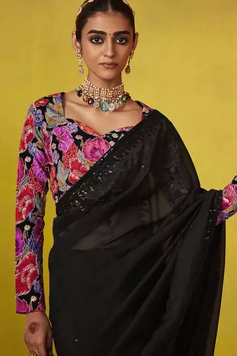 Black pure based fancy fabric embroidery saree