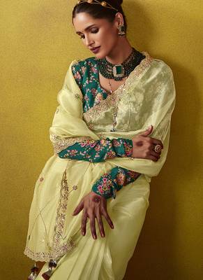 Cream pure based fancy fabric embroidery saree 4