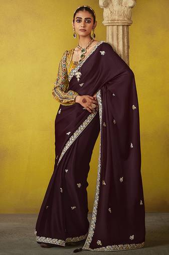 Wine pure based fancy fabric embroidery saree