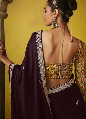 Wine pure based fancy fabric embroidery saree 2