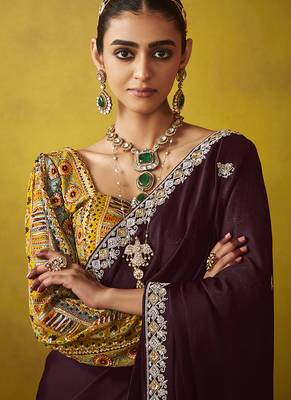 Wine pure based fancy fabric embroidery saree 3