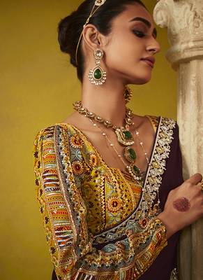 Wine pure based fancy fabric embroidery saree 4