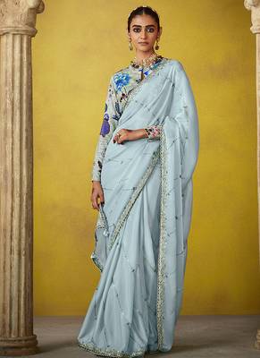 Sky blue pure based fancy fabric embroidery saree 1
