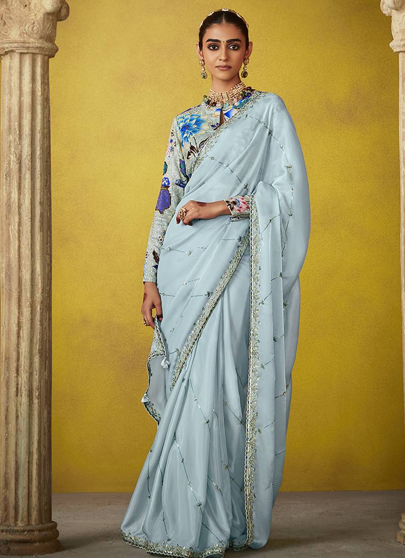 Sky blue pure based fancy fabric embroidery saree