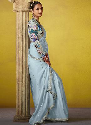 Sky blue pure based fancy fabric embroidery saree 2