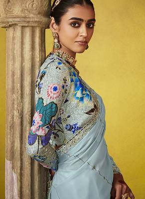 Sky blue pure based fancy fabric embroidery saree 3