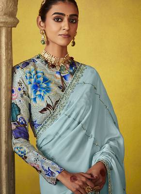 Sky blue pure based fancy fabric embroidery saree 4