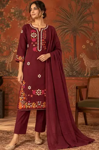 Maroon floral embroidery cotton straight kurta with trousers & dupatta