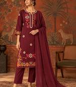 Maroon floral embroidery cotton straight kurta with trousers & dupatta