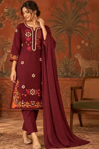 Maroon floral embroidery cotton straight kurta with trousers & dupatta
