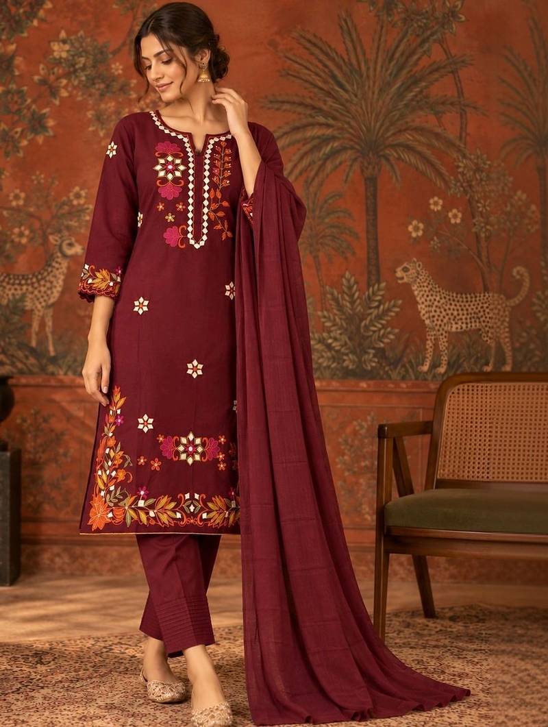Maroon floral embroidery cotton straight kurta with trousers & dupatta