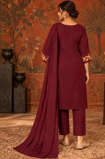 Maroon floral embroidery cotton straight kurta with trousers & dupatta