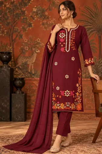 Maroon floral embroidery cotton straight kurta with trousers & dupatta