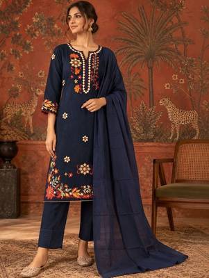 Blue floral embroidery cotton straight kurta with trousers & dupatta 1