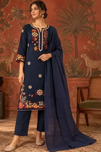 Blue floral embroidery cotton straight kurta with trousers & dupatta