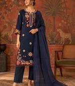 Blue floral embroidery cotton straight kurta with trousers & dupatta