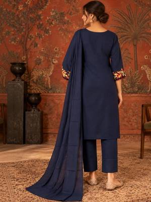 Blue floral embroidery cotton straight kurta with trousers & dupatta 2