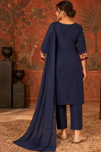 Blue floral embroidery cotton straight kurta with trousers & dupatta