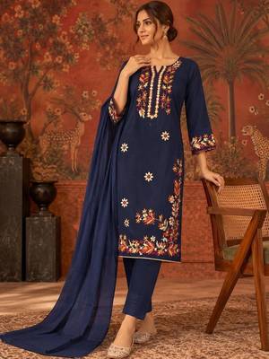 Blue floral embroidery cotton straight kurta with trousers & dupatta 3