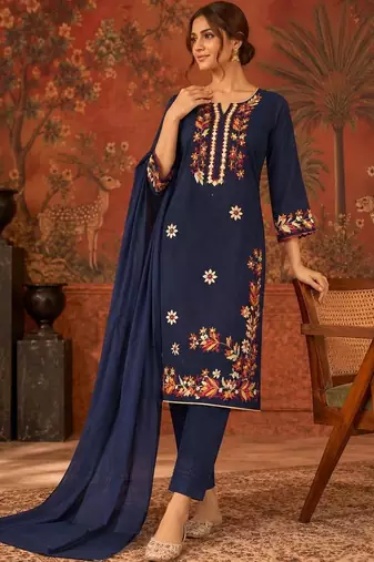 Blue floral embroidery cotton straight kurta with trousers & dupatta
