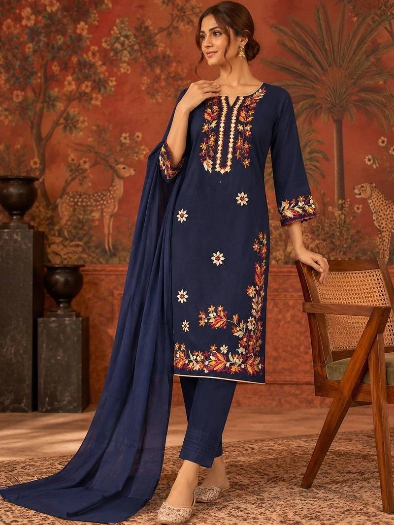 Blue floral embroidery cotton straight kurta with trousers & dupatta