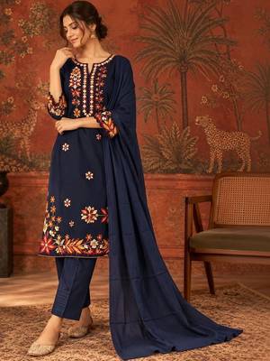 Blue floral embroidery cotton straight kurta with trousers & dupatta 4