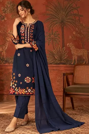 Blue floral embroidery cotton straight kurta with trousers & dupatta