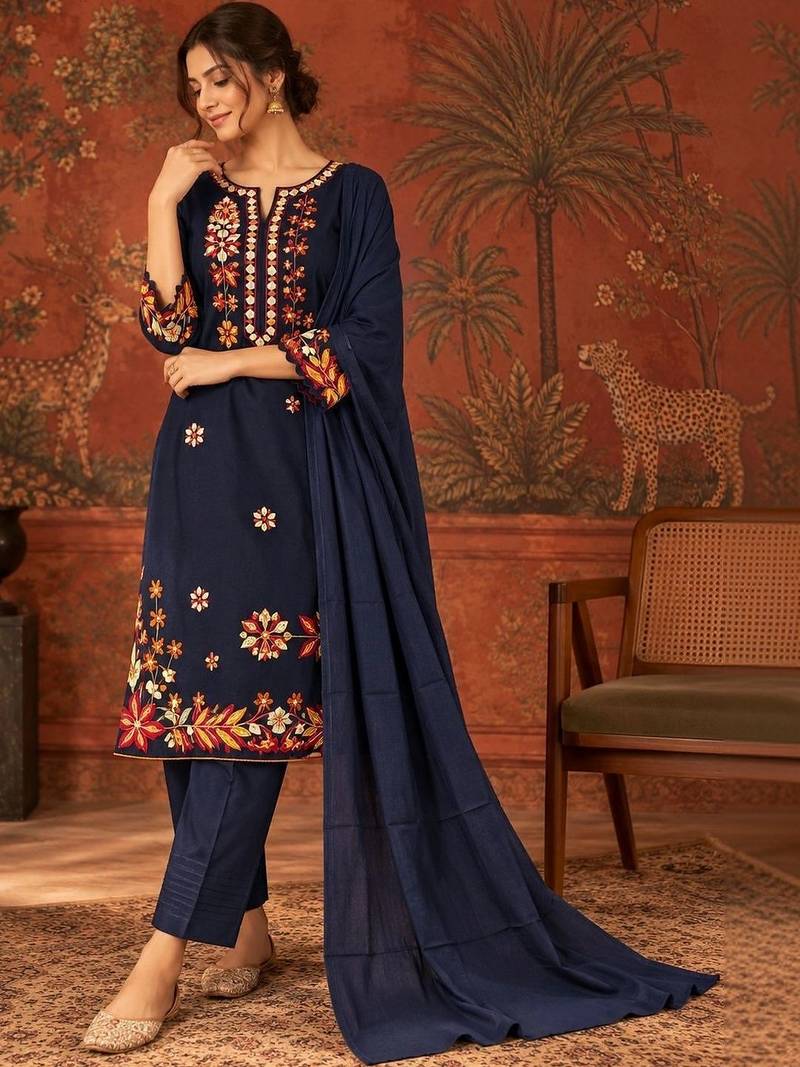 Blue floral embroidery cotton straight kurta with trousers & dupatta