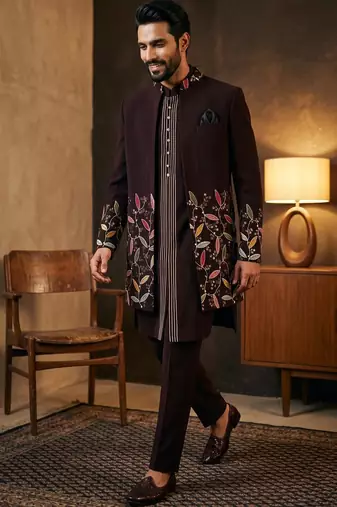 Wine premium heavy lachka 3-piece indo-western designer party wear set with intricate embroidery & handwork