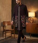Wine premium heavy lachka 3-piece indo-western designer party wear set with intricate embroidery & handwork