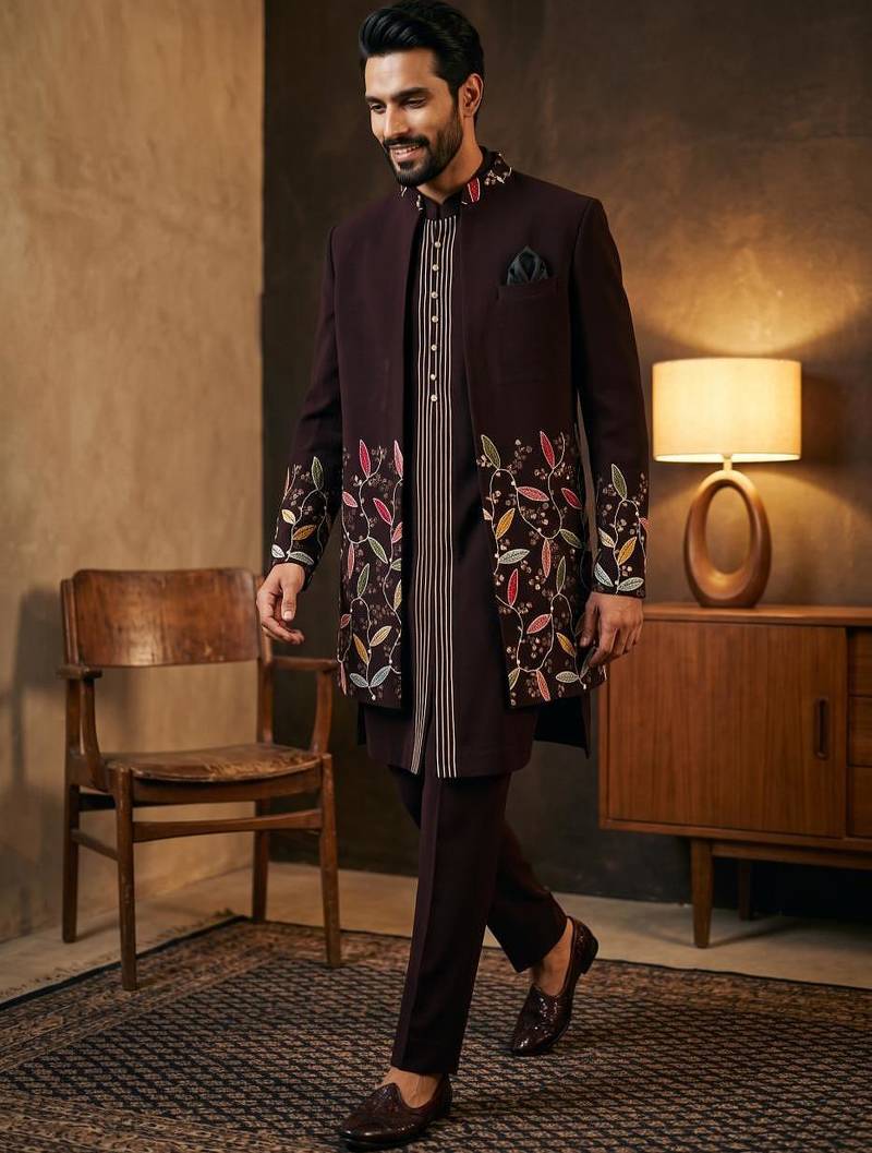 Wine premium heavy lachka 3-piece indo-western designer party wear set with intricate embroidery & handwork