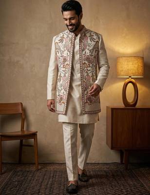 Creampremium linen 3-piece indo-western designer party wear set with intricate embroidery & handwork 1